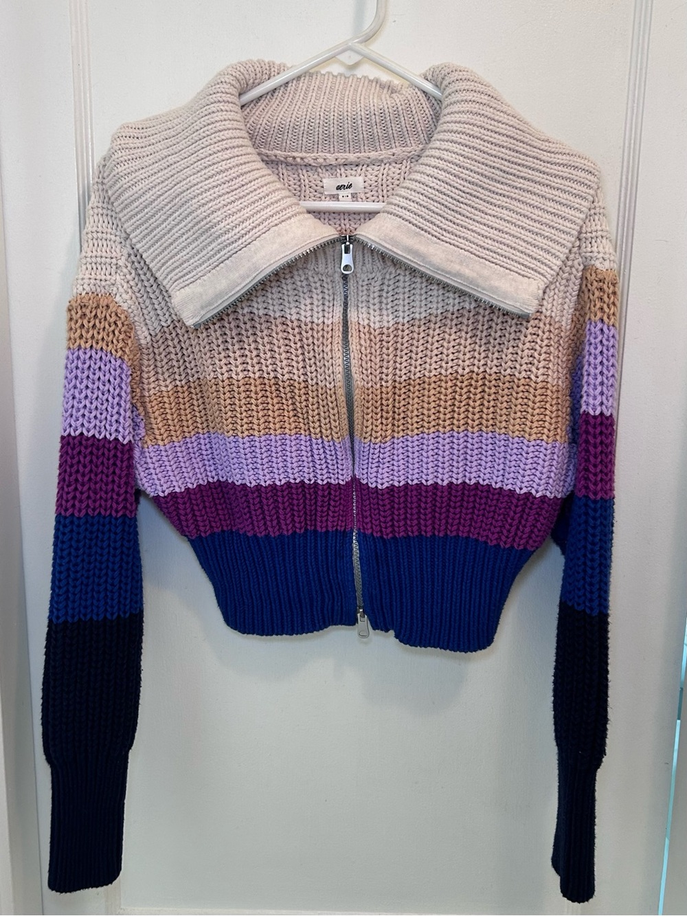 Aerie Beige Striped Knit Two Zip Cropped Cardigan Sweater W/ Collar Women’s S